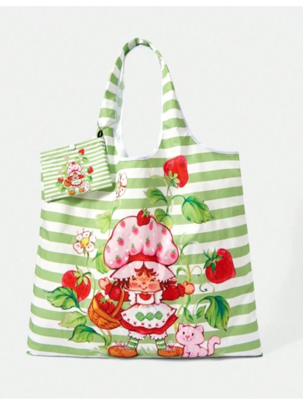 Strawberry Shortcake Tote Bag Large Storage Shopping Bag Green Stripe